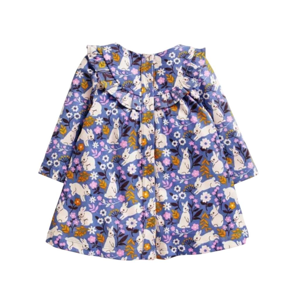 Baby Boden Girls Bunny and Floral Print Long Sleeve Dress Blue Size 18-24 Months